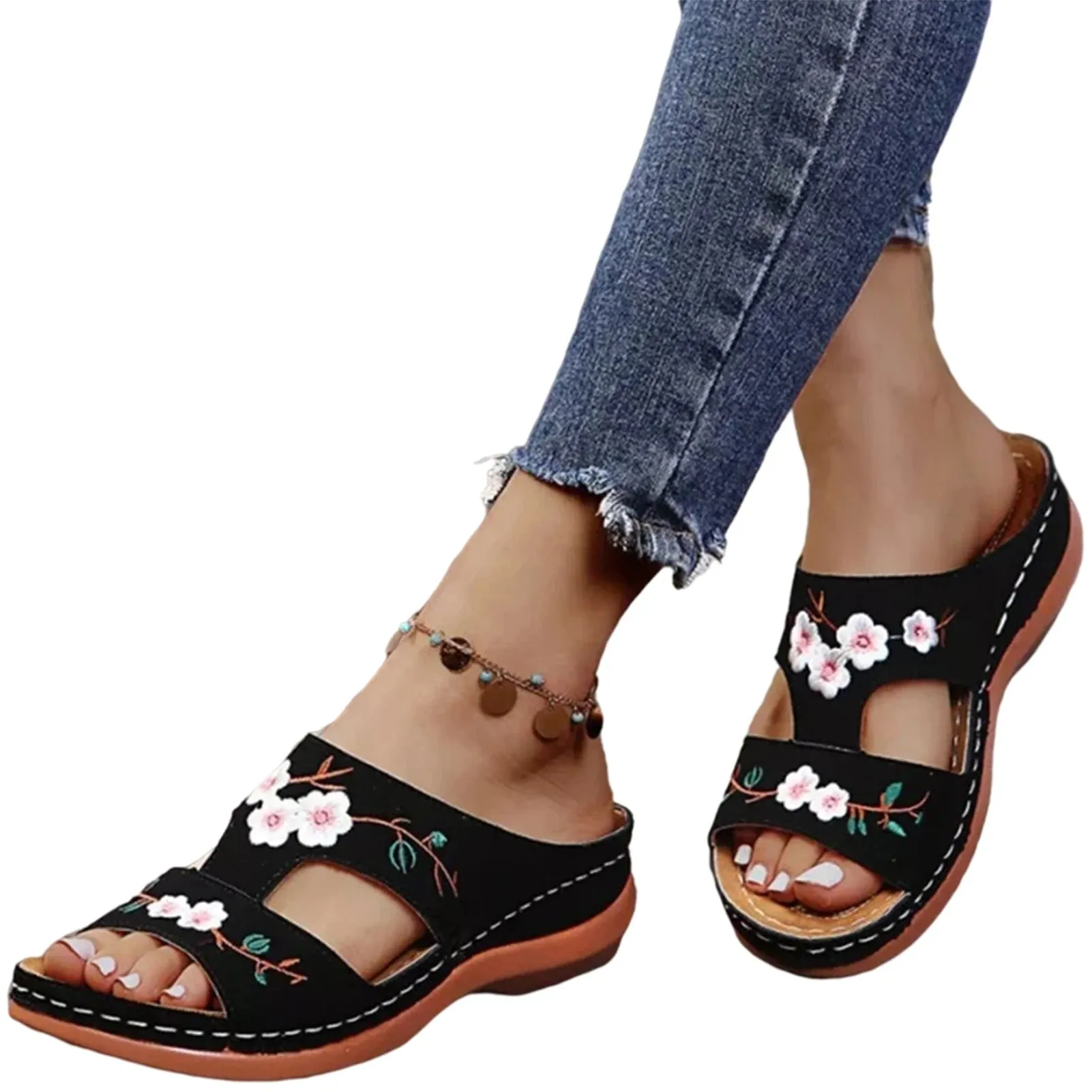 Women Embroidery Slide Sandals without Grinding Feet Breathable Slippers Suitable for Camping Indoor Walking