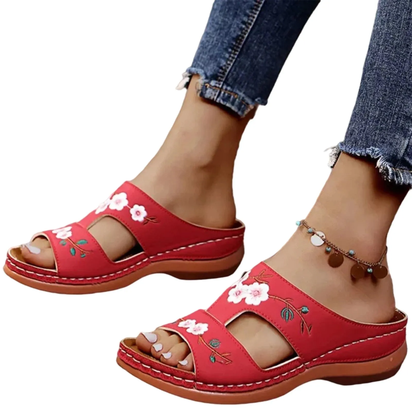 Women Embroidery Slide Sandals without Grinding Feet Breathable Slippers Suitable for Camping Indoor Walking